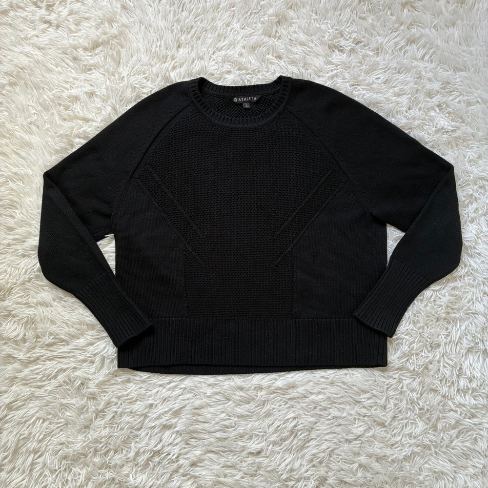 Athleta Black Merino Wool Blend Textured Crewneck Knit Long Sleeve Sweater Large
